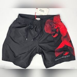 Alexander McQueen S 26 28 30 Black Red Rose Swim Shorts Trunks Mesh Drawstring